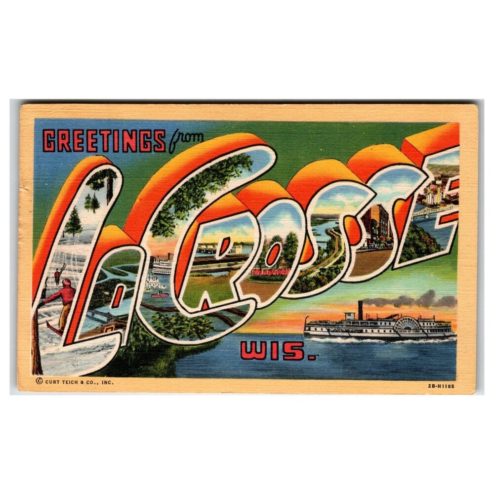 Curt Teich La Crosse Wisconsin Big Letter Paddlewheel Steamboat Postcard 1946